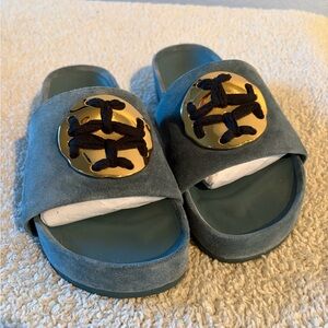 Tory Burch Teal Suede Patos Slide Sandals with Gold Logo Medallions